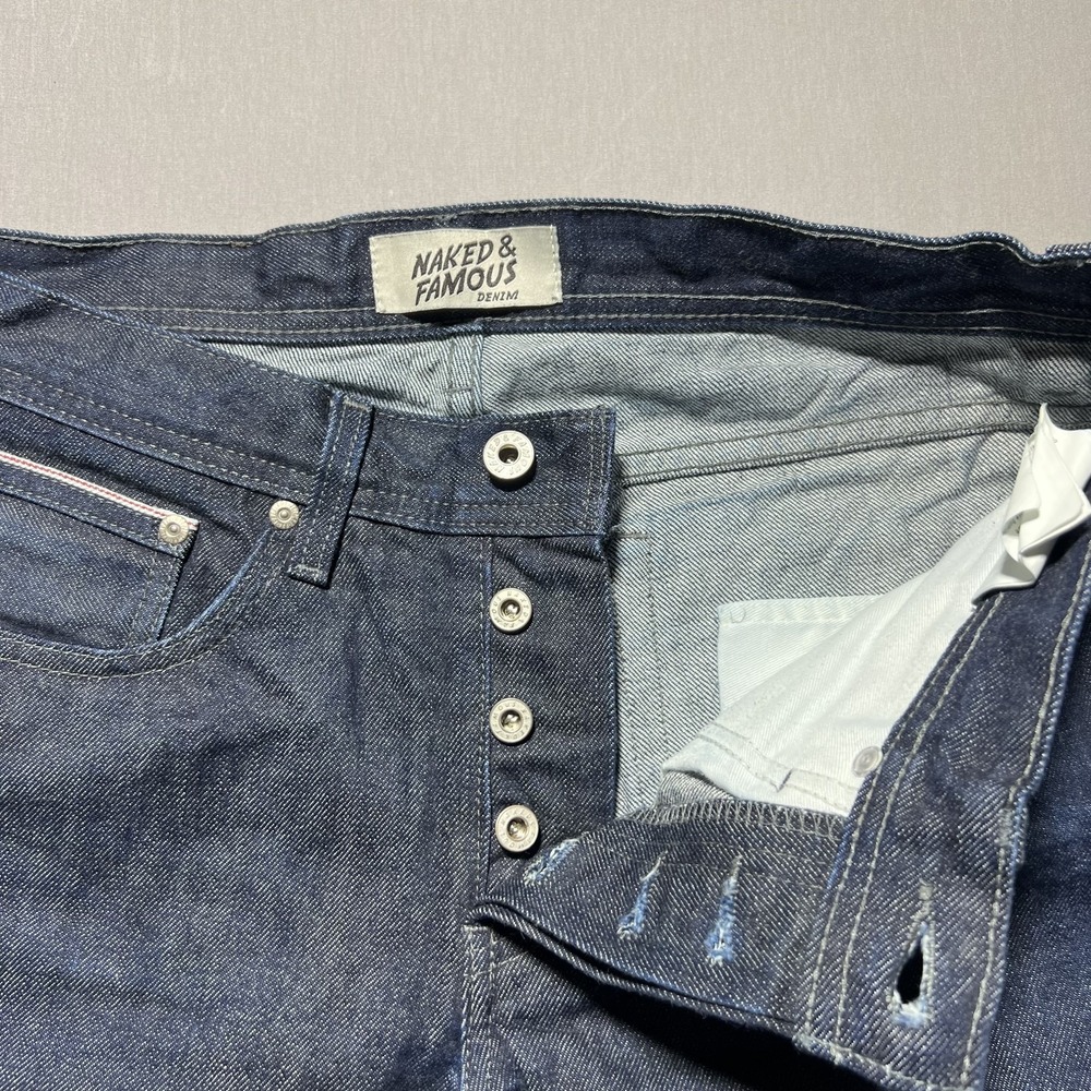 Naked & Famous Weird Guy Jeans Mens 32 Selvedge Denim Button Fly Indigo 32x33 - Picture 9 of 16
